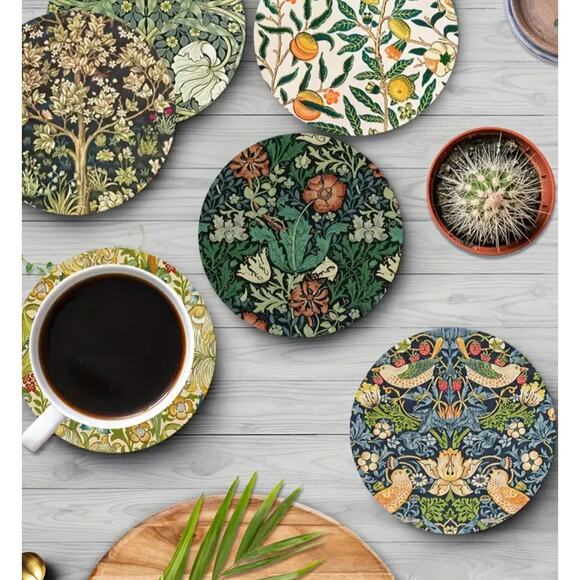 6 William Morris Print Wooden Coasters 4" Upcycled Cork Back Floral Victorian - Picture 5 of 6